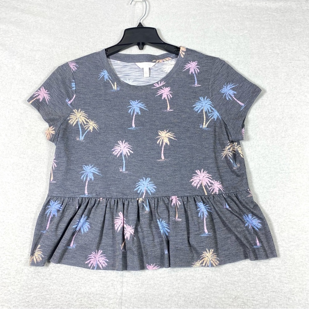 Lauren Conrad LC Peplum Tee Women's PXL Gray Palm Tree Tropical Cottage Beachy